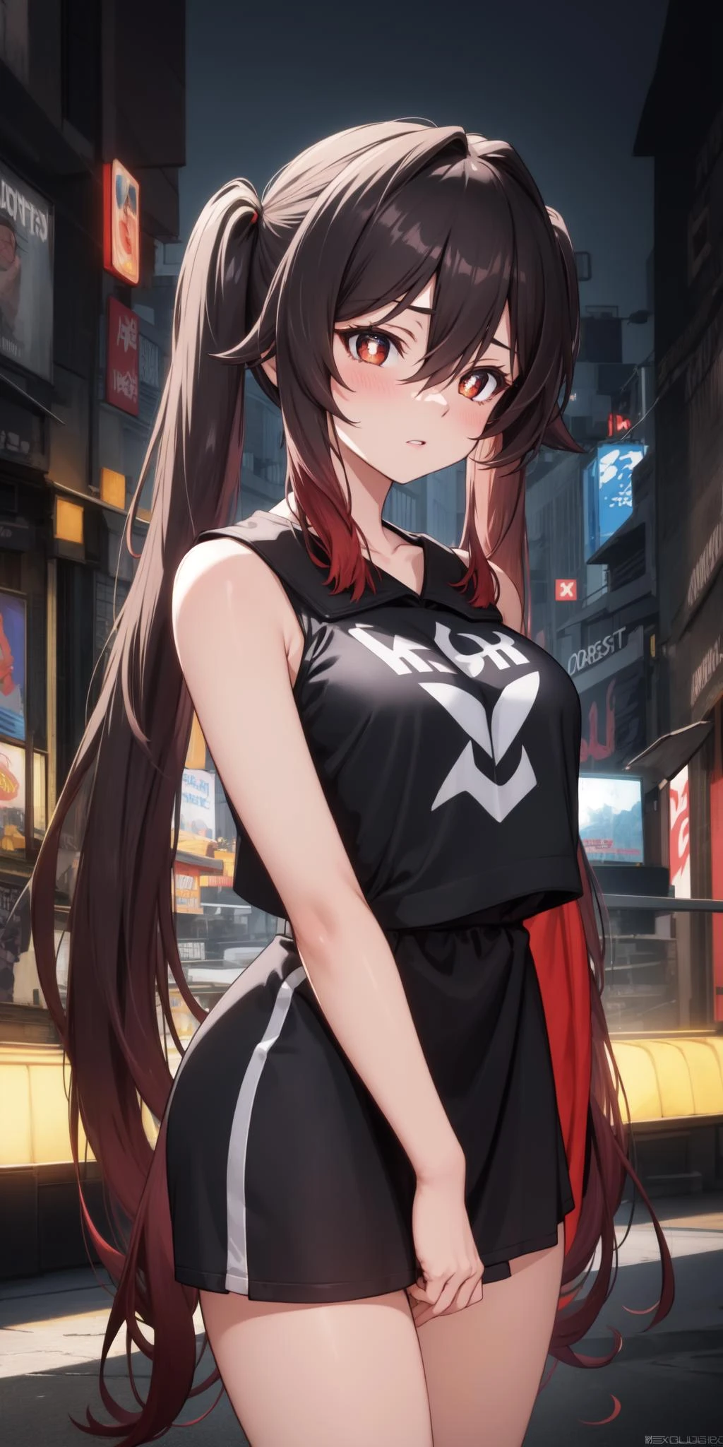 masterpiece, best quality, HuTaoV4, 1girl, solo, blush, twintails, long hair, hair between eyes, ((streetwear clothes)), city, outdoors, night, movie poster, extremely detailed 8K, smooth, high resolution, ultra quality, cinematic lighting, ambient occlusion, hd, 2k, 4k, 8k, 16k, extremely detailed anime, detailed faces, perfect composition, wide shot, atmospheric lighting, <lora:HuTaoV4:0.8>