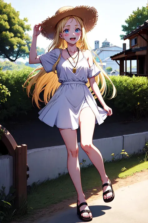 1girl, solo, full body, <lora:Ushio Kofune_V2-000003:0.9>, Ushio Kofune, blonde hair, long hair, straight hair, blue eyes, blush, blonde eyelashes, white shell necklace, dress, straw hat, sandals, open mouth, smile, day, outdoors, (masterpiece:1.2), highres, best quality, 8k, very clear,