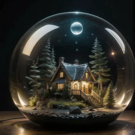 mini house, landscape, old fashion, nature, night light, a bubble, in the bubble, high detailed, masterpiece, best quality, <lora:Bubble_Sora:0.4>, (masterpiece,best quality:1.5)