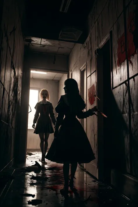 A young woman is trapped in a school with a cursed doll. she has a knife in her hands. She is (terrified and desperate:1.1) as she tries to (escape:1.2) from the doll, The doll is a (creepy and twisted:1.1) version of her best friend,who died in a car accident.
BREAK
The school is (dark and bloody:1.1),and there are some corpses,traps,and messages on the walls. The scene is (horrifying and gruesome:1.1),
<lora:epiNoiseoffset_v2:0.75> dark backlighting, cinematic lighting, dark atmosphere
<lora:add_detail:0.35>
<lora:GoodHands-beta2:0.75>