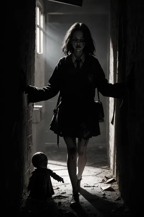 A young woman is trapped in a school with a cursed doll. she has a knife in her hands. She is (terrified and desperate:1.1) as she tries to (escape:1.2) from the doll,The doll is a (creepy and twisted:1.1) version of her best friend,who died in a car accident.,
BREAK
The school is (dark and bloody:1.1),and there are some corpses,traps,and messages on the walls. The scene is (horrifying and gruesome:1.1),
<lora:epiNoiseoffset_v2:0.75>, dark backlighting,cinematic lighting,dark atmosphere,
<lora:add_detail:0.35>,
<
<lora:GoodHands-beta2:0.75>
