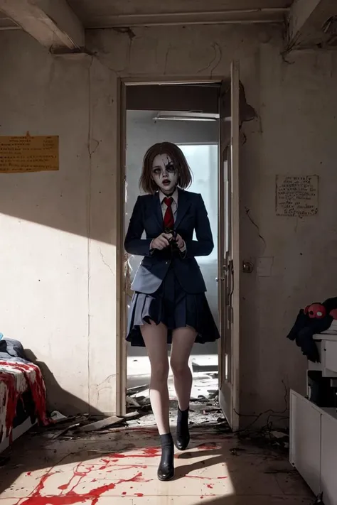 A young woman is trapped in a school with a cursed doll. She is wearing a suit and she has a knife in her hands. She is (terrified and desperate:1.1) as she tries to escape from the doll, The doll is a creepy and twisted version of her best friend,who died in a car accident. The school is dark and bloody,and there are some corpses,traps,and messages on the walls. The scene is horrifying and gruesome,
<lora:GoodHands-beta2:0.75>