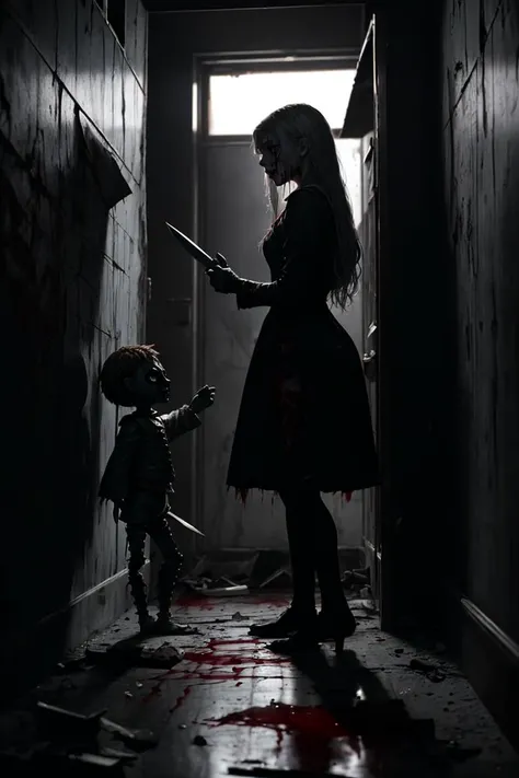A young woman is trapped in a school with a cursed doll. she has a knife in her hands. She is (terrified and desperate:1.1) as she tries to (escape:1.2) from the doll, The doll is a (creepy and twisted:1.1) version of her best friend,who died in a car accident.
BREAK
The school is (dark and bloody:1.1),and there are some corpses,traps,and messages on the walls. The scene is (horrifying and gruesome:1.1),
<lora:epiNoiseoffset_v2:0.75> dark backlighting, cinematic lighting, dark atmosphere
<lora:add_detail:0.35>
<lora:GoodHands-beta2:0.75>