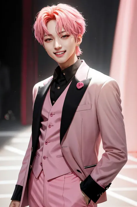 1man, solo, solo focus, stud earrings, male, man, hui, smile, squinting eyes, male focus, teeth, pastel pink hair, grin, blurry, black collared shirt, pink suit jacket, pink pants, upper body, Extreme Details, Photo realistic, hyper detail, hyper realistic, long shot, hyper realistic, <lora:HuiLeeHoetaek-01:0.9>,