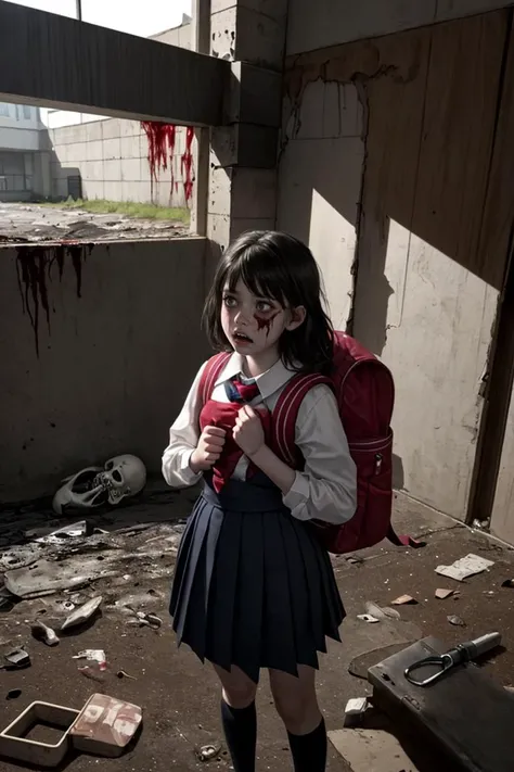 A girl is trapped in a school with a cursed doll. She is wearing a school uniform and a backpack,and she has a flashlight and a knife in her hands. She is terrified and desperate as she tries to escape from the doll,which can move and talk by itself. The doll is a creepy and twisted version of her best friend,who died in a car accident. The school is dark and bloody,and there are some corpses,traps,and messages on the walls. The scene is horrifying and gruesome,
<lora:GoodHands-beta2:0.75>