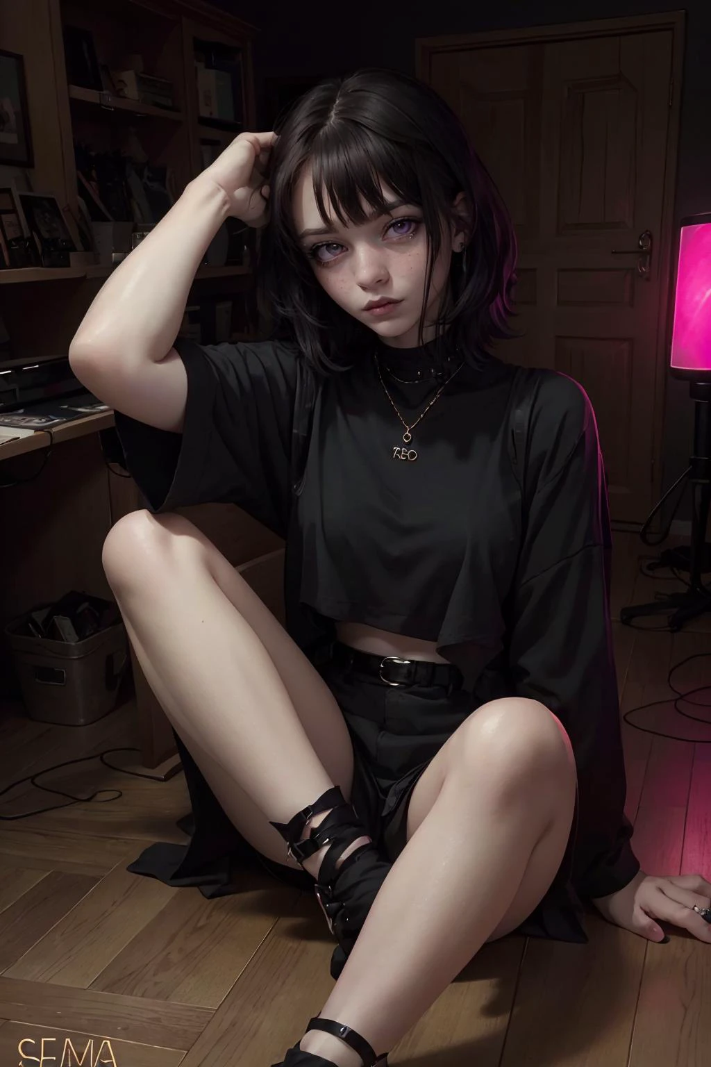 highres, masterpiece, perfect lighting, bloom, cinematic lighting, adult, female, looking at viewer, full body shot, (RSEEmma:1.5)<lora:RSERomantic_RSESofiko_RSEEmma-v1:0.3>, goth girl, goth makeup, pale skin, bangs, short hair, jet black hair, purple eyes, scowl, <lora:Zinnia:0.8> <lora:weight_slider_v2:-0.5>