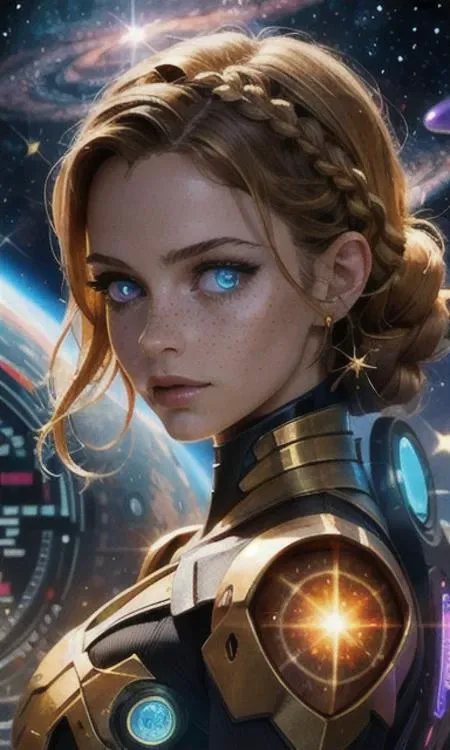 (masterpiece), (best quality:1.4), absurdres, [:intricate details:0.2], hyperrealistic, vintage photo, kkw-ph1, 1 girl, adult (elven:0.7) woman, freckles, brown eyes, chestnut braided hairstyle, (style-swirlmagic:0.7), solo, (full body:0.6), looking at viewer, detailed background, detailed face, (cyberpunk theme:1.1) (glowing eyes:1.05), embodied star constellation, zodiac, horoscope, at peace, occult, libra, esoteric symbolism, astral , galaxies, glow, aura, shine, symmetry, cosmic dust, backlighting, cosmic space background, otherwordly ethereal atmosphere, <lora:hipoly3DModelLora_v10:0.1> <hypernet:sxzBloom_sxzBloom:0.1>,