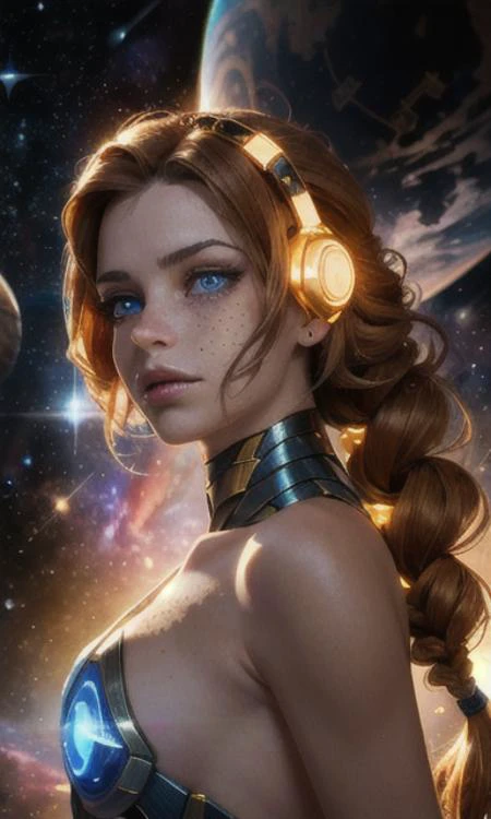 (masterpiece), (best quality:1.4), absurdres, [:intricate details:0.2], hyperrealistic, vintage photo, kkw-ph1, 1 girl, adult (elven:0.7) woman, freckles, brown eyes, chestnut braided hairstyle, (style-swirlmagic:0.7), solo, (full body:0.6), looking at viewer, detailed background, detailed face, (cyberpunk theme:1.1) (glowing eyes:1.05), embodied star constellation, zodiac, horoscope, at peace, occult, libra, esoteric symbolism, astral , galaxies, glow, aura, shine, symmetry, cosmic dust, backlighting, cosmic space background, otherwordly ethereal atmosphere, <lora:hipoly3DModelLora_v10:0.1> <hypernet:sxzBloom_sxzBloom:0.1>,