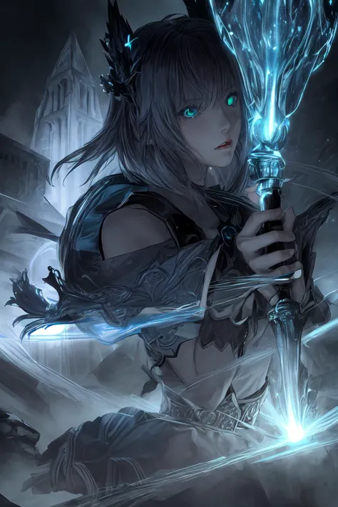 tight upper body low angle shot, Lost Ark Sorceress, aiwaifu, mature female, blonde hair, blue eyes, (detailed face and eyes):1.2, dress, thigh highs, long staff, electricity, magical energy, glow, cinematic scene, fantasy epic temple, dark lightning, dread, bokeh <lora:GAME_sophitia_aiwaifu-10:0.8> <lora:difConsistency_detail:0.4> <lora:Gloomifier_V2_TheGlow:2>