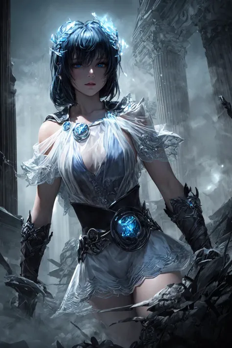 tight upper body low angle shot, Lost Ark Sorceress, hourglass figure, sophitia_whitedress_aiwaifu, blonde hair, blue eyes, (detailed face and eyes):1.2, hourglass figure, thigh highs, dress, long staff, electricity, magical energy, glow, action pose, cinematic scene, fantasy epic temple, cold fog, 8k, contrasting light <lora:GAME_sophitia_aiwaifu-10:0.8> <lora:difConsistency_detail:0.4> <lora:Gloomifier_V2_TheGlow:1.8>