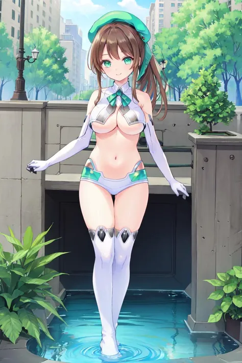 {bestquality},{{masterpiece}},{highres},extremelydetailedCG,extremelydetailed8Kwallpaper,extremelydetailedcharacter,full body,
1girl,solo, <lora:misaki3:0.5>,misakiA,smile,green eyes, looking at viewer,ponytail,ribbon,beret,gigantic breasts, 
outdoors,fountain, pond,trees 
<lora:OutfitGreenHeartStandardV1:1>outfit-gh2,elbow gloves,thighhighs
