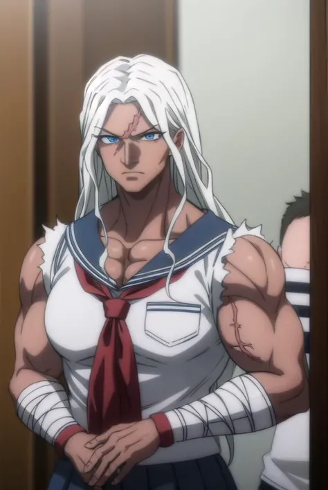 sakuraoogami, <lora:sakura oogami s1-lora-nochekaiser:1>,
sakura oogami, long hair, white hair, dark skin, dark-skinned female, muscular, scar, muscular female,
BREAK shirt, school uniform, serafuku, sailor collar, bandages, blue sailor collar, bandaged arm,
BREAK indoors, classroom,
BREAK looking at viewer, (cowboy shot:1.5),
BREAK <lyco:GoodHands-beta2:1>, (masterpiece:1.2), best quality, high resolution, unity 8k wallpaper, (illustration:0.8), (beautiful detailed eyes:1.6), extremely detailed face, perfect lighting, extremely detailed CG, (perfect hands, perfect anatomy),