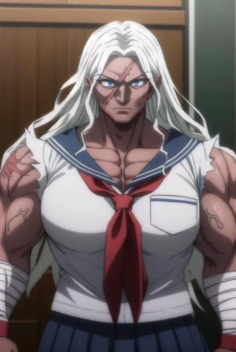 sakuraoogami, <lora:sakura oogami s1-lora-nochekaiser:1>,
sakura oogami, long hair, white hair, dark skin, dark-skinned female, muscular, scar, muscular female,
BREAK shirt, school uniform, serafuku, sailor collar, bandages, blue sailor collar, bandaged arm,
BREAK indoors, classroom,
BREAK looking at viewer, (cowboy shot:1.5),
BREAK <lyco:GoodHands-beta2:1>, (masterpiece:1.2), best quality, high resolution, unity 8k wallpaper, (illustration:0.8), (beautiful detailed eyes:1.6), extremely detailed face, perfect lighting, extremely detailed CG, (perfect hands, perfect anatomy),