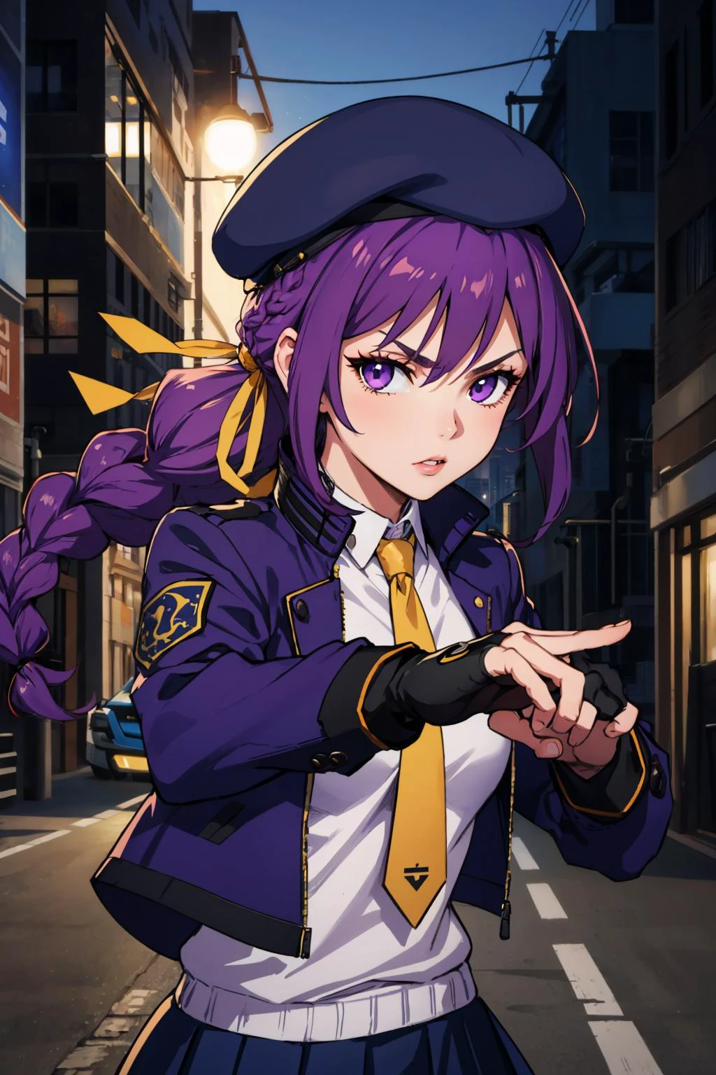 masterpiece, best quality, <lora:spunibEltnum-09:0.8> eltnumdef, braid, beret, hair ribbon, cropped jacket, purple jacket, purple sweater, v-neck, necktie, skirt, fingerless gloves, white thighhighs, upper body, fighting stance, furrowed brow, looking at viewer, cityscape