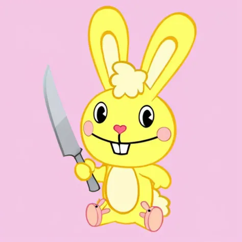 cartoon, a psychopath yellow rabbit with pink sleepers, covered with blood, holds a knife, bloodsplatters everywhere, house <lora:Cuddles1024-000380:0.8>