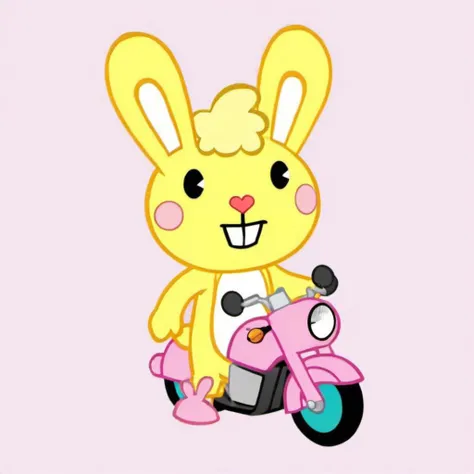 cartoon, a yellow rabbit with pink sleepers, ears pierced, tattoos, rinding a motorcycle <lora:Cuddles1024-000380:0.8>