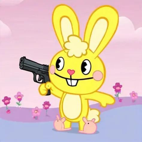 cartoon, a psychopath yellow rabbit with pink sleepers, aims a gun, flowers, rainbow <lora:Cuddles1024-000380:0.8>