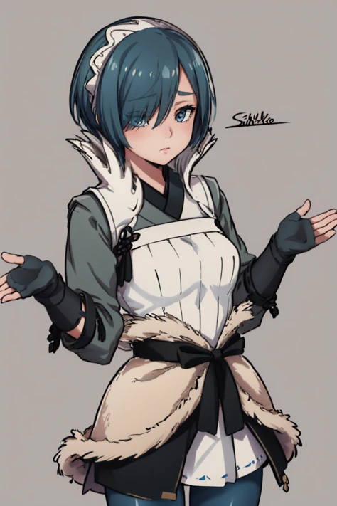 (masterpiece, best quality:1.2), solo, 1girl, setsuna, expressionless, closed mouth, looking at viewer, shrugging, hair over one eye, maid headdress, japanese clothes, fingerless gloves, fur trim, blue leggings <lora:setsuna-nvwls-v1:0.9> <lyco:concept_shrugging-11:1.0>