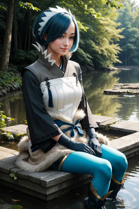 masterpiece, best quality, setsuna, hair over one eye, maid headdress, japanese clothes, fingerless gloves, fur trim, blue leggings, boots, sitting, pond, pagoda, looking down, smile <lora:setsuna-nvwls-v1-000011:0.9>