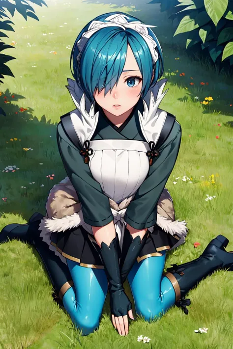 masterpiece, best quality, setsuna, hair over one eye, maid headdress, japanese clothes, fingerless gloves, fur trim, blue leggings, boots, fallen over, on the ground, from above, looking up, confused, garden <lora:setsuna-nvwls-v1-000011:0.9>
