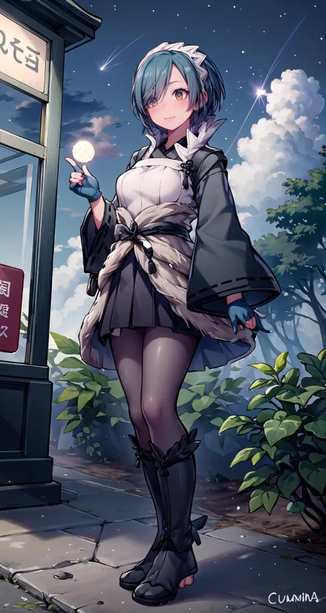 (masterpiece),(intricate details),1girl,mature female,brown eyes,large breasts,blush:1.3,<lora:setsuna-nvwls-v1:1>,setsuna,
BREAK
hair over one eye, maid headdress, japanese clothes, fingerless gloves, fur trim, blue leggings, boots,pleated skirt,barefoot,depth of field,looking at viewer,cowboy shot,((standing on the , Area_with_many_trees_and_vegetation,)),((full body)),polka dot panties,smirk,
BREAK
moon,night,meteor,hanabi,bus stop,((cumulonimbus)),from below:1.3