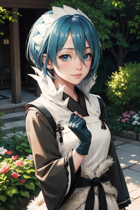 masterpiece, best quality, setsuna, hair over one eye, maid headdress, japanese clothes, fingerless gloves, fur trim, upper body, looking at viewer, (tired:0.7), confused, smile, nervous, japanese architecture, garden <lora:setsuna-nvwls-v1-000011:0.9>