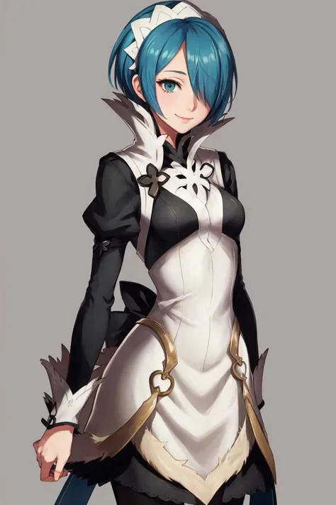 masterpiece, best quality, 1girl, solo, standing, smile, <lora:setsuna-nvwls-v1:0.7> setsuna, <lora:FEFatesMaid_v1:1> fates maid, hair over one eye