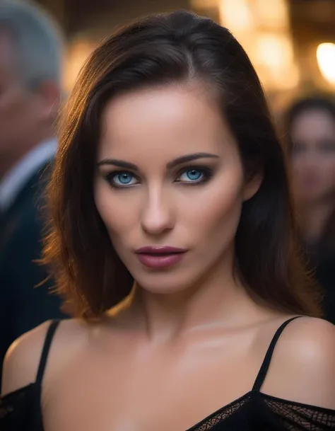 portrait photo of kyl4c0l3 woman, looking directly at the camera  <lora:kyl4c0l3-000014:1>as a movie star in a (movie premiere), premiere gala, (near a movie theatre), natural skin texture, (sexy tight black mesh sweater off-shoulder with a strap), 24mm, 4k textures, soft cinematic light, adobe lightroom, photolab, hdr, intricate, elegant, highly detailed, sharp focus, ((((cinematic look)))), soothing tones, insane details, intricate details, hyperdetailed, low contrast, soft cinematic light, exposure blend, hdr, faded, (paparazzi in background), (painted lips:1.1), ((looking at viewer:1.1)), (closeup)