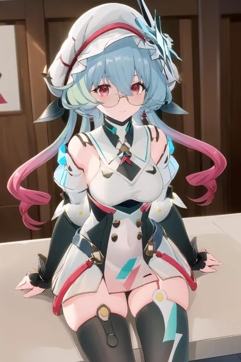 bulewei1,<lora:bulewei_AdamW8bit_4e-4_768-000010:0.7>,1girl,solo,white headwear,glasses,twintails,large breasts,(embarrass:1.4),scared,detached sleeves,indoor,hat,full body,thighhighs,(gradient thighhighs:1.3),red legwear,sitting,<lora:secai:0.4>,cowboy_shot,close-up,