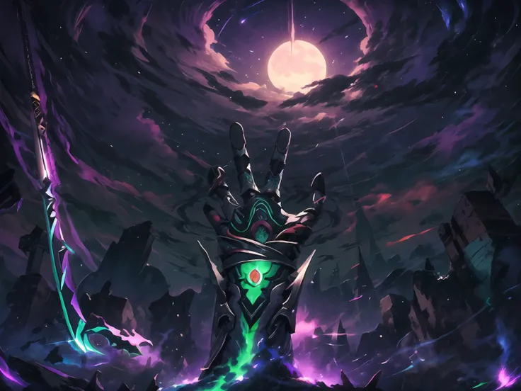 masterpiece,best quality,highres,cinematic lighting,dramatic angle,no humans,gauntlets,one hand coming out of tomb,<lora:ShadowverseFightingJiangshiV14:0.8>,purple and green flames,graveyard,dark sky,black clouds,grave,tombstone,moon,midnight,<lora:flat2:-0.5> ,<lora:add_detail:0.5> ,polearm,weapon