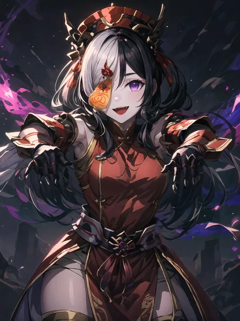 masterpiece,best quality,highres,cinematic lighting,dramatic angle,1girl,black hair,two-tone hair,<lora:ShadowverseFightingJiangshiV14:0.8:lbw=jiangshi3> ,twintails,hat,qing guanmao,hair ornament,ofuda,ofuda over one eye,one eye covered with ofuda,purple eyes,jewelry,red chinese clothes,bandaged arms,gauntlets,outstretched arms,bare shoulders,looking at viewer,:d,fangs,upper body,jiangshi pose,straight-on,paw pose,claws,black background,mountains,black clouds,dark sky,dark clouds,purple flames,shaded face,glowing eyes,<lora:flat2:-0.5>,<lora:add_detail:0.5>