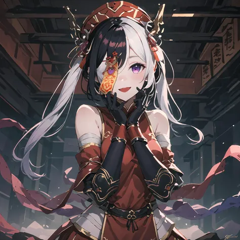 masterpiece,best quality,highres,cinematic lighting,dramatic angle,1girl,<lora:ShadowverseFightingJiangshiV14:0.8:lbw=jiangshi3>,black hair,white hair,two-tone hair,hat,qing guanmao,hair ornament,twintails,purple eyes,ofuda,ofuda over one eye,one eye covered with ofuda,looking at viewer,red chinese clothes,bare shoulders,gauntlets,bandaged arms,happy,:d,bent over,own hands together,arms together,hands on own mouth,pov,standing,fingers together,spoken heart,blush,shy