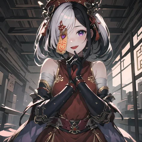 masterpiece,best quality,highres,cinematic lighting,dramatic angle,1girl,<lora:ShadowverseFightingJiangshiV14:0.8:lbw=jiangshi3>,black hair,white hair,two-tone hair,hat,qing guanmao,hair ornament,twintails,purple eyes,ofuda,ofuda over one eye,one eye covered with ofuda,looking at viewer,red chinese clothes,bare shoulders,gauntlets,bandaged arms,happy,:d,bent over,own hands together,arms together,hands on own mouth,pov,standing,fingers together,spoken heart,blush,shy