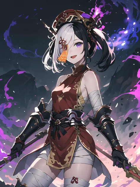 masterpiece,best quality,highres,cinematic lighting,dramatic angle,1girl,<lora:ShadowverseFightingJiangshiV14:0.8:lbw=jiangshi3>,black hair,white hair,two-tone hair,hat,qing guanmao,hair ornament,twintails,purple eyes,ofuda,ofuda over one eye,one eye covered with ofuda,looking at viewer,red chinese clothes,bare shoulders,thigh strap,gauntlets,bandaged arms,bandaged legs,looking at viewer,:d,holding weapon,polearm,flames,standing,serious,