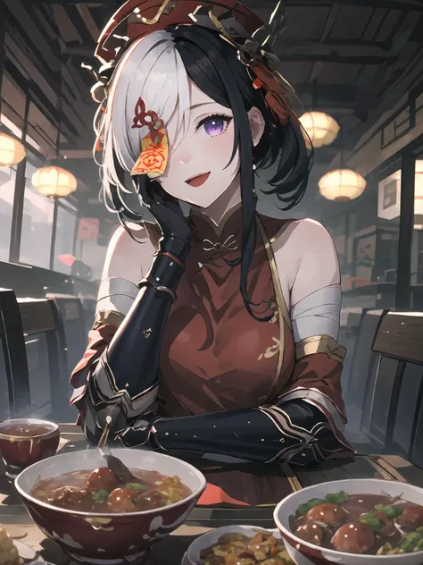 masterpiece,best quality,highres,cinematic lighting,dramatic angle,1girl,<lora:ShadowverseFightingJiangshiV14:0.8:lbw=jiangshi3>,black hair,white hair,two-tone hair,hat,qing guanmao,hair ornament,twintails,purple eyes,ofuda,ofuda over one eye,one eye covered with ofuda,looking at viewer,red chinese clothes,bare shoulders,gauntlets,bandaged arms,:d,across table,table,chinese restaurant,dumplings,soup,meat balls,noodles,vegetable,food,happy,arm support,hand on own cheek,sitting,chair,head tilt