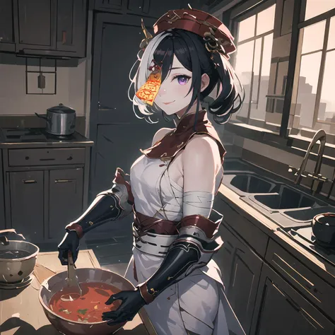 masterpiece,best quality,highres,cinematic lighting,dramatic angle,1girl,<lora:ShadowverseFightingJiangshiV14:0.8:lbw=jiangshi3>,black hair,white hair,two-tone hair,hat,qing guanmao,hair ornament,twintails,purple eyes,ofuda,ofuda over one eye,one eye covered with ofuda,looking at viewer,red chinese clothes,bare shoulders,gauntlets,bandaged arms,happy,smile,from side,turning head,kitchen,white apron,cooking,pot,pan,bowl,flavoring potions,holding soup ladle