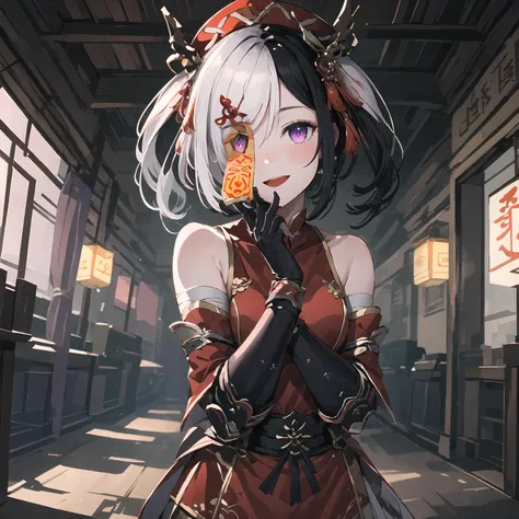 masterpiece,best quality,highres,cinematic lighting,dramatic angle,1girl,<lora:ShadowverseFightingJiangshiV14:0.8:lbw=jiangshi3>,black hair,white hair,two-tone hair,hat,qing guanmao,hair ornament,twintails,purple eyes,ofuda,ofuda over one eye,one eye covered with ofuda,looking at viewer,red chinese clothes,bare shoulders,gauntlets,bandaged arms,happy,:d,bent over,own hands together,arms together,hands on own mouth,pov,standing,fingers together,spoken heart,blush,shy