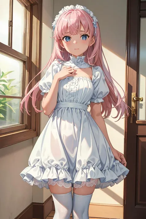(masterpiece, best quality), 1girl, blue and white frill dress, (white stockings), pink hair, cute face, standing, indoor, intricate detail, sunlight, <lora:add_detail:1>