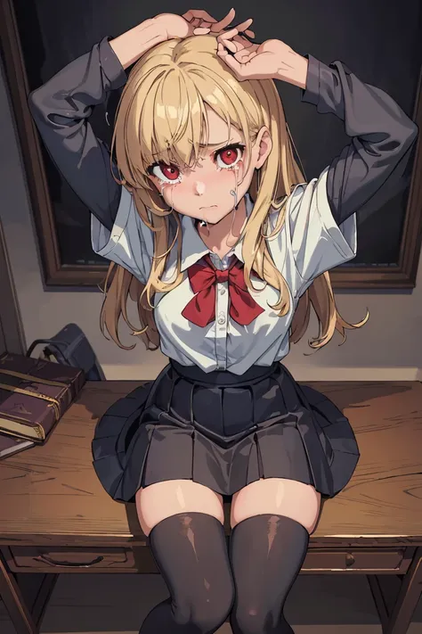 (masterpiece, best quality), 1girl, solo,sitting on a desk, beautiful face, blonde hair, torn clothes, torn legwear, dark school uniform, black thighhighs, moldy room, scared,crying, terrified face, itricate details, tied arms behind head, dark atmosphere, danger,