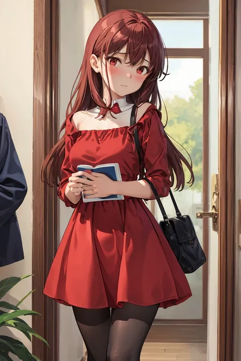 (masterpiece, best quality), 1girl, red dress, pantyhose, cute face, blush,