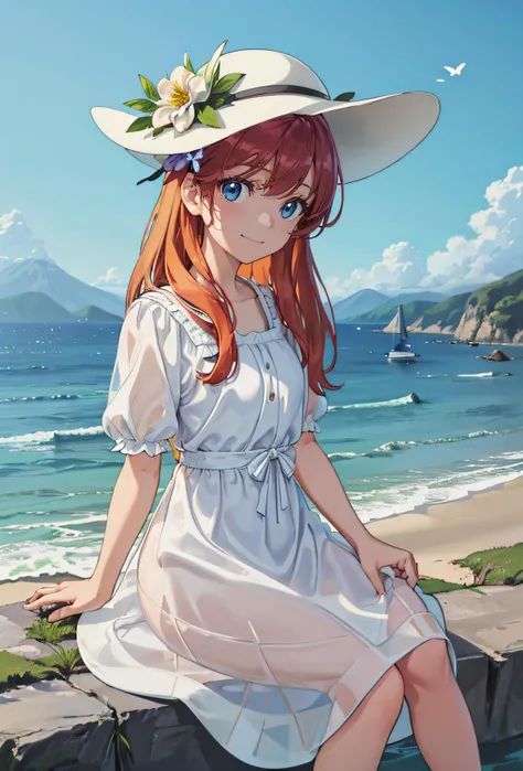 girl, outdoors, solo, flower, blue eyes, long hair, looking at viewer, long dressï¼hat, ocean, dress, sitting, white flower, sky, bug, hat flower, day, bangs, butterfly, water, long sleeves, blue sky, rock, cloud, orange dress, blonde hair, horizon, orange headwear, hair ornament, closed mouth, smile, hair flower, short sleeves, looking to the side, bird, scenery, mountainous horizon, red headwear, white dress, (masterpiece, best quality, hires, high quality, by professional artist, ultra detailed, extremely detailed, absurdres, incredibly resolution:1.2), good hands, perfect hands, <lora:GoodHands-beta2:1>