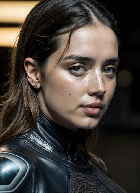 full color sci-fi portrai photo of a stunning intricate 30 year old sks woman wearing cyber leather armor, illustration portrait cyberpunk, futuristic neon reflective wear, by Edward Weston, natural lighting, ((metart)) <lora:skin_slider_v2_1_FACE:0.7>, Detailed render, sci-fi, robot parts, ismail inceoglu dragan bibin rene margitte illustrated, perfect face, ((tattoo)), matte skin, pores, wrinkles, hyperdetailed, hyperrealistic, Moody Lighting, Hasselblad Award Winner, Soft Diffuse Lighting, Smirk, machine face, fine details, realistic shaded, intricate, elegant,, ana de armas <lora:lora-small-ana-de-armas-v1:0.2> <lora:locon_anadearmas_v1_from_v1_64_32:0.4> anadearmas-ti