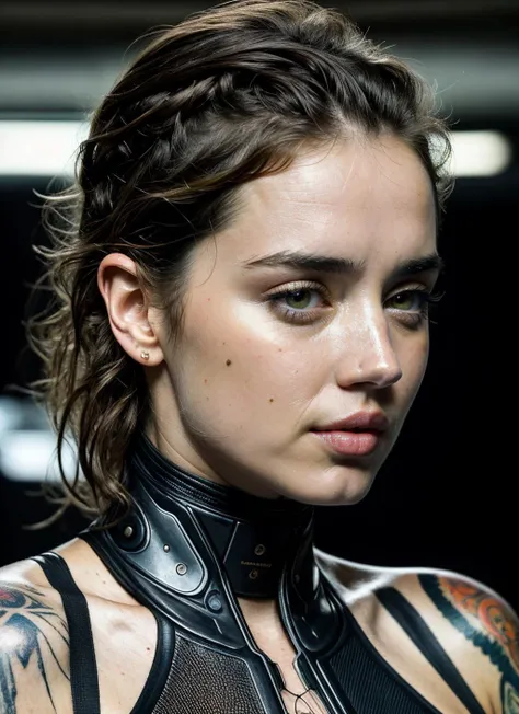 full color sci-fi portrai photo of a stunning intricate 30 year old sks woman wearing cyber leather armor, illustration portrait cyberpunk, futuristic neon reflective wear,  by Imogen Cunningham, natural lighting,  ((metart)) <lora:skin_slider_v2_1_FACE:0.7>, Detailed render, sci-fi, robot parts, ismail inceoglu dragan bibin  rene margitte illustrated, perfect face,  ((tattoo)), matte skin, pores, wrinkles, hyperdetailed, hyperrealistic, Moody Lighting, Hasselblad Award Winner, Soft Diffuse Lighting,  Smirk, machine face, fine details, realistic shaded, intricate, elegant,, ana de armas <lora:lora-small-ana-de-armas-v1:0.2> <lora:locon_anadearmas_v1_from_v1_64_32:0.4> anadearmas-ti