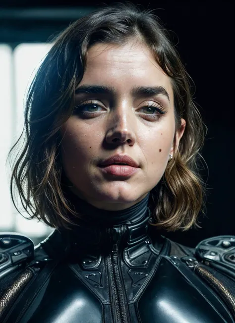 full color sci-fi portrai photo of a stunning intricate 30 year old sks woman wearing cyber leather armor, illustration portrait cyberpunk, futuristic neon reflective wear,  by Edward Weston, natural lighting,  ((metart)) <lora:skin_slider_v2_1_FACE:0.7>, Detailed render, sci-fi, robot parts, ismail inceoglu dragan bibin  rene margitte illustrated, perfect face,  ((tattoo)), matte skin, pores, wrinkles, hyperdetailed, hyperrealistic, Moody Lighting, Hasselblad Award Winner, Soft Diffuse Lighting,  Smirk, machine face, fine details, realistic shaded, intricate, elegant,, ana de armas <lora:lora-small-ana-de-armas-v1:0.2> <lora:locon_anadearmas_v1_from_v1_64_32:0.4> anadearmas-ti