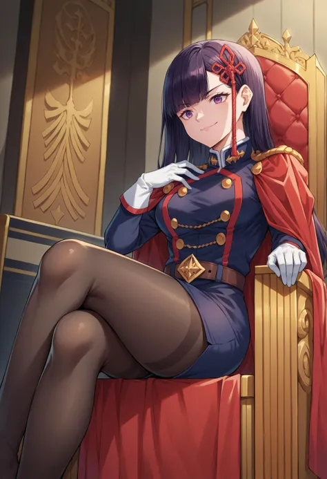 score_9, score_8_up, source_anime, 1girl, solo, YamashiroRen, long hair, blunt bangs, hair ornament, military uniform, epaulettes, white gloves, red cape, belt, black pantyhose, sitting, on throne, crossed legs, smirk, indoors, <lora:ChamYamashiroRenPonyXL:1>