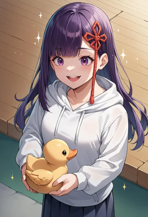 score_9, score_8_up, source_anime, 1girl, solo, YamashiroRen, long hair, blunt bangs, hair ornament, white hoodie, from above, excited, sparkles, smile, open mouth, duck, holding animal, <lora:ChamYamashiroRenPonyXL:1>