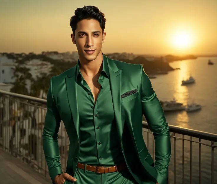 Nautical-themed (Photo:1.3) of (Ultrarealistic:1.3) <lora:Man_Men_FFashion:1> michael trevino a man <lora:Vedang-Raina_Michael-Trevino:0.75> in a green suit standing on a balcony, handsome man, attractive man, handsome male, sun behind him, inspired by Pablo Munoz Gomez, shot at golden hour, editorial photograph, midshot of a hunky, by Roman Bezpalkiv, by Artur Tarnowski, maxim sukharev, by Gabor Szikszai,Highly Detailed,(Mono Color:1.3) . Sea, ocean, ships, maritime, beach, marine life, highly detailed