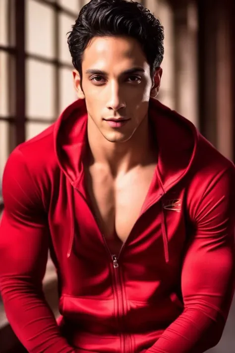 michael trevino a man <lora:Vedang-Raina_Michael-Trevino:0.75>, realistic photo in a worn ((red tracksuit, massive hairy pecs)), ((light bokeh)), intricate, (steel metal [rust]), elegant,  exuding sexual energy, sharp focus, photo by greg rutkowski, soft lighting, vibrant colors, (masterpiece), ((streets)), (detailed face), looking at viewer, light smile, night, walking towards viewer, cinematic lighting, beautiful lighting, cinematic lighting, (hazy filter, film grain:1.2)