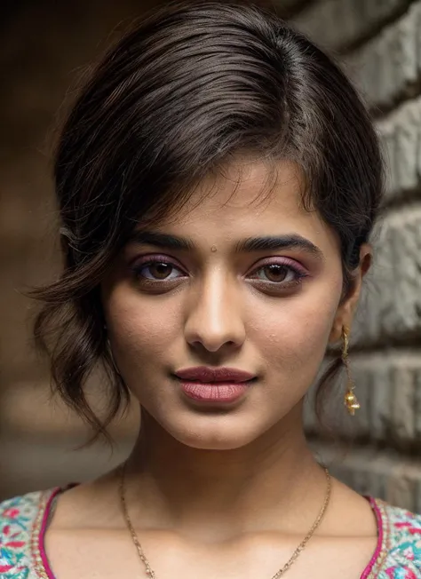 closeup portrait of skswoman, woman, interested , wearing embroidered , with Pixie cut , background alleyway epic (photo, studio lighting, hard light, sony a7, 50 mm, matte skin, pores, colors, hyperdetailed, hyperrealistic), <lyco:Ketika SharmaV3:1.0>