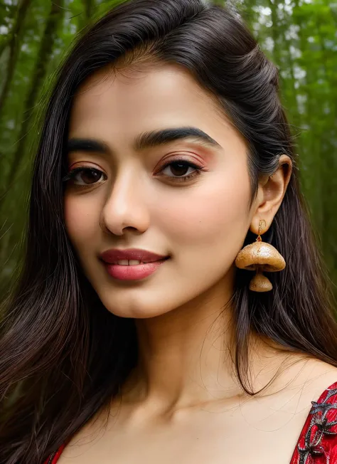 portrait of skswoman, smile , wearing couture , background mushroom forest epic (photo, studio lighting, hard light, sony a7, 50 mm, matte skin, pores, colors, hyperdetailed, hyperrealistic), <lyco:Ketika Sharma:1.2>